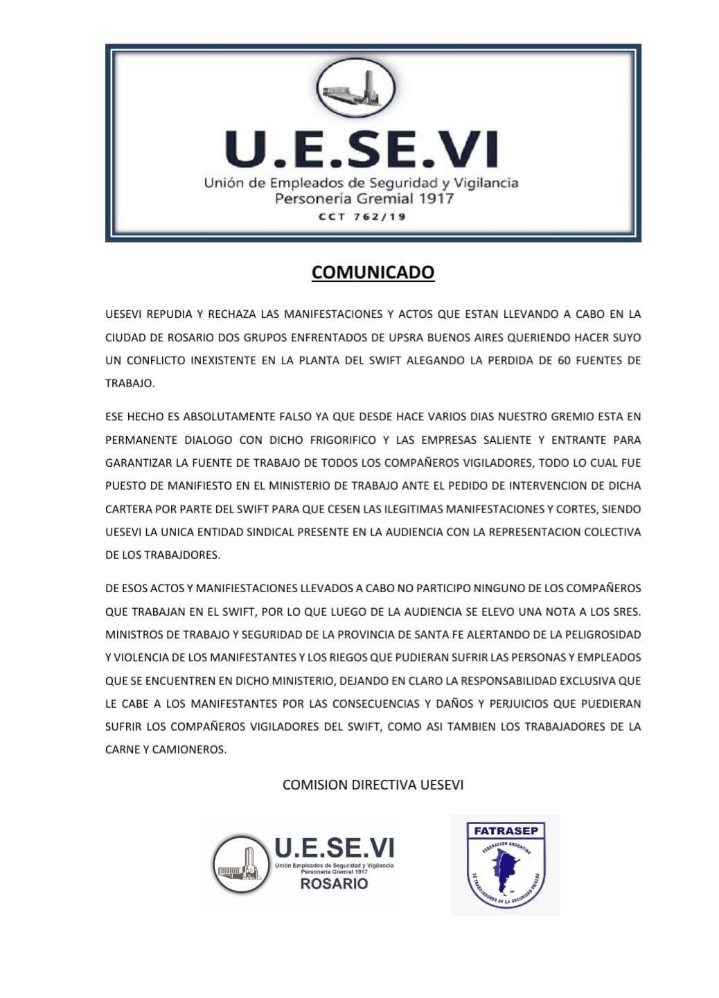 COMUNICADO SOBRE SITUACION EN SWIFT