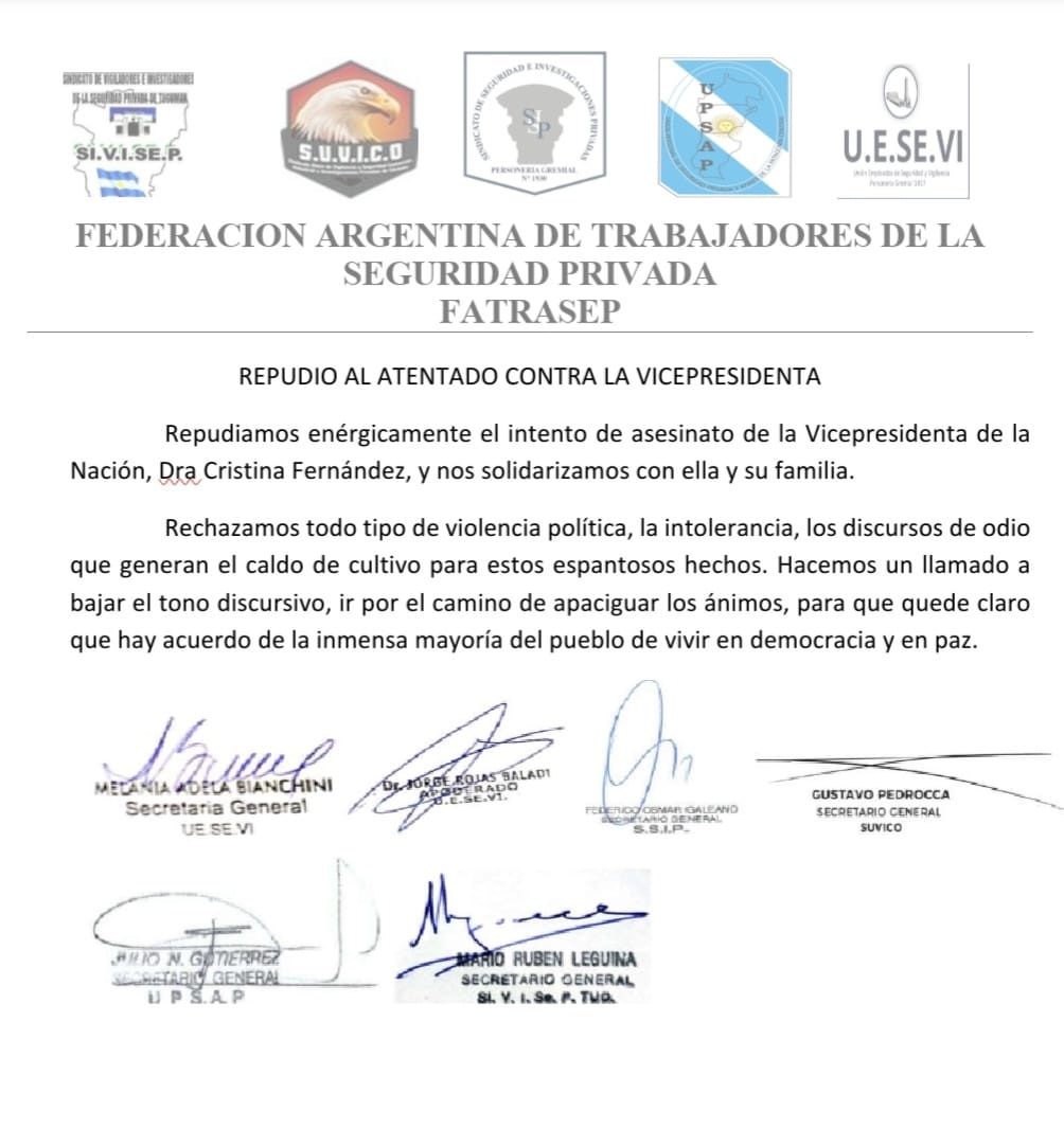 REPUDIO AL ATENTADO CONTRA LA VICEPRESIDENTA