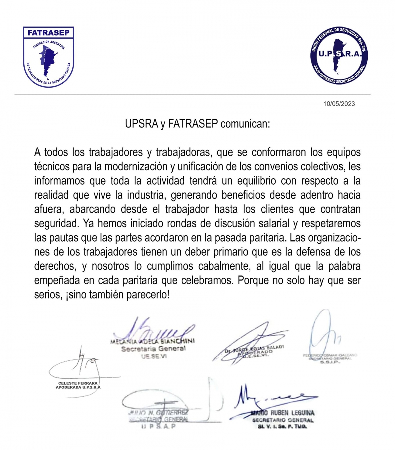 FATRASEP  y UPSRA  comunican: